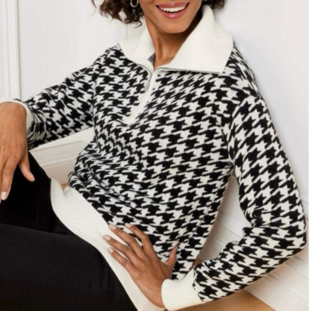 Talbots Quarter Zip Black and White Houndstooth Sweater SZ SP